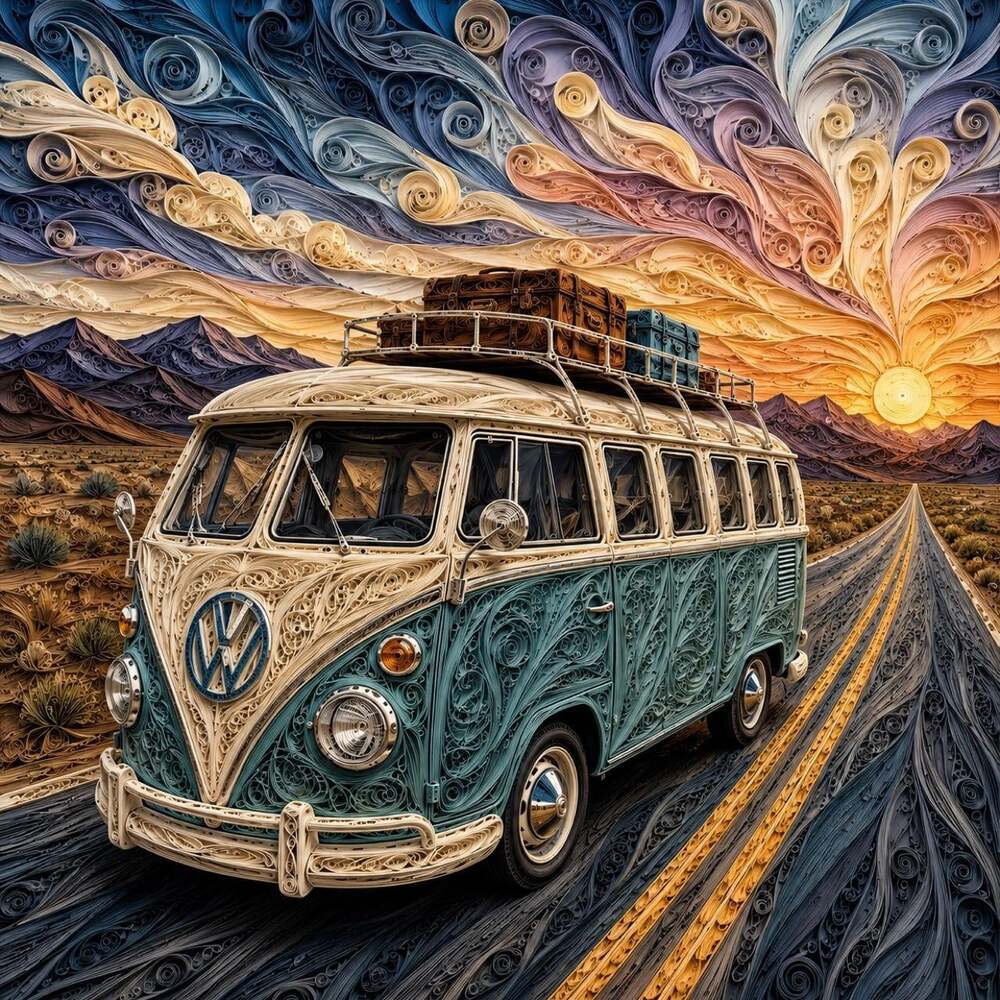 8 X 8 Quilled Vintage Volkswagen Bus F 22 D